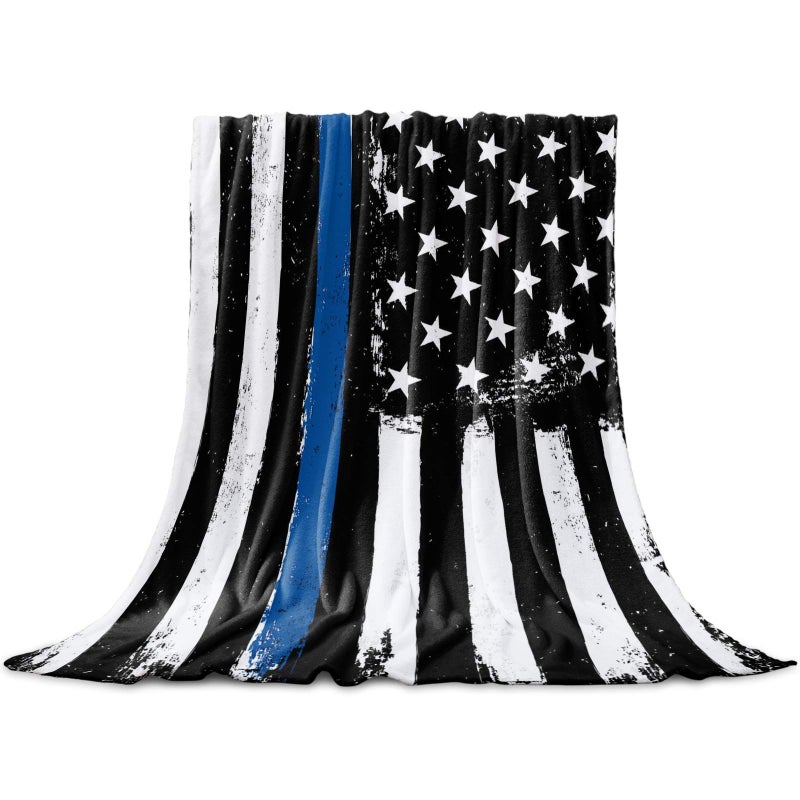 Edwiinsa Thin Blue Line Police Blanket Fleece Throw Blankets 40'' x 50'', Lightweight Super Soft Micrifiber Honor Law Enforcement USA Vintage Warm Plush Cozy Luxury Bed Blankets All Season for Couch/Sofa/Gift - Image 1